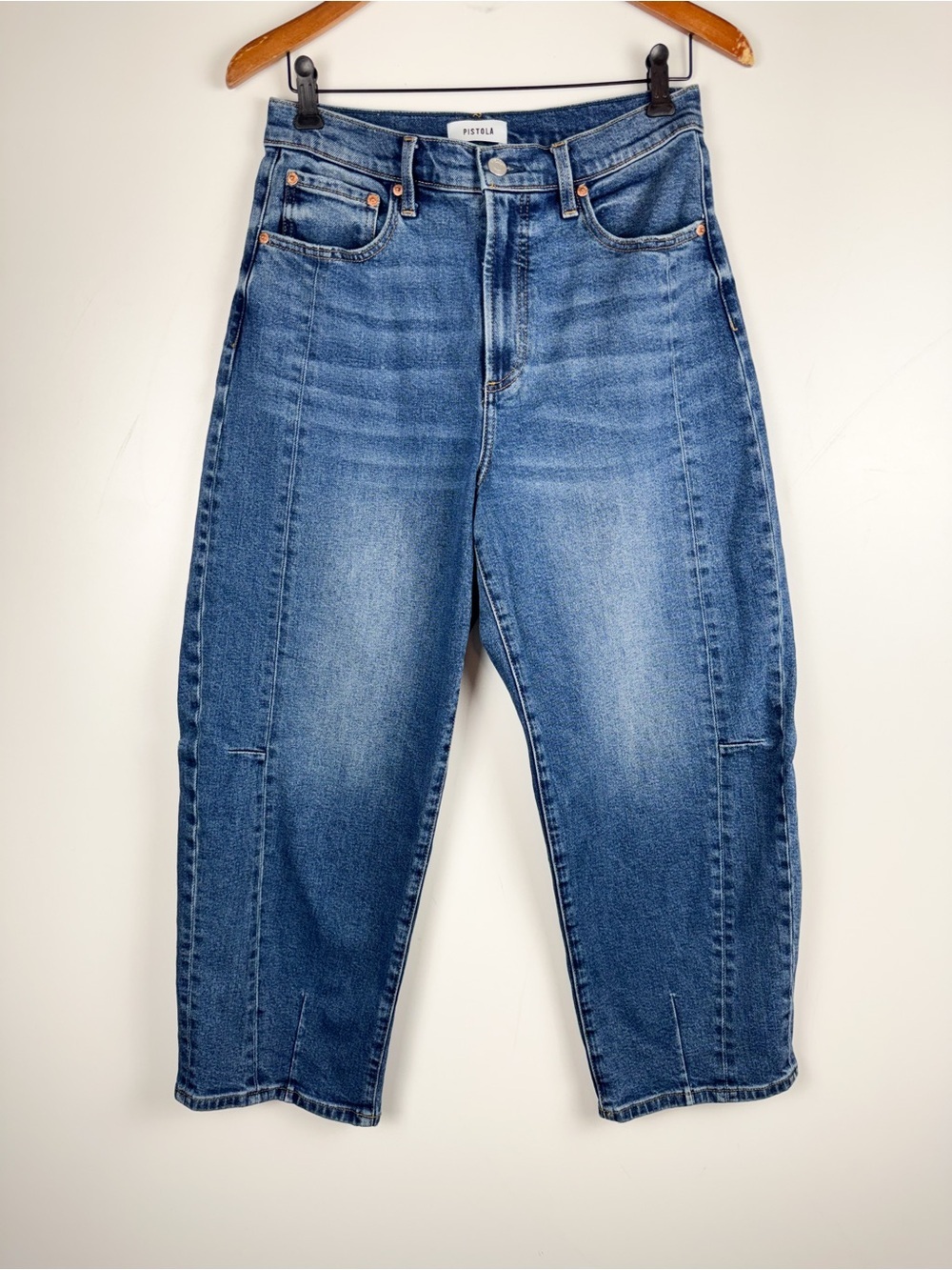 Pistola Eli High Rise Cropped Barrel Leg Jeans 28 Medium Wash Blue Bowed Boho